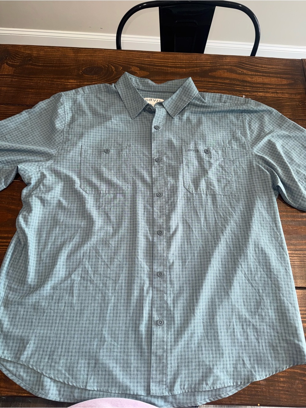 Orvis Men's Button-Down Short Sleeve Shirt in Teal-Grey Microcheck